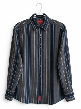 Vintage 90s Tommy Hilfiger Navy & White Geo Stripe Dress Shirt – Size Small EUC